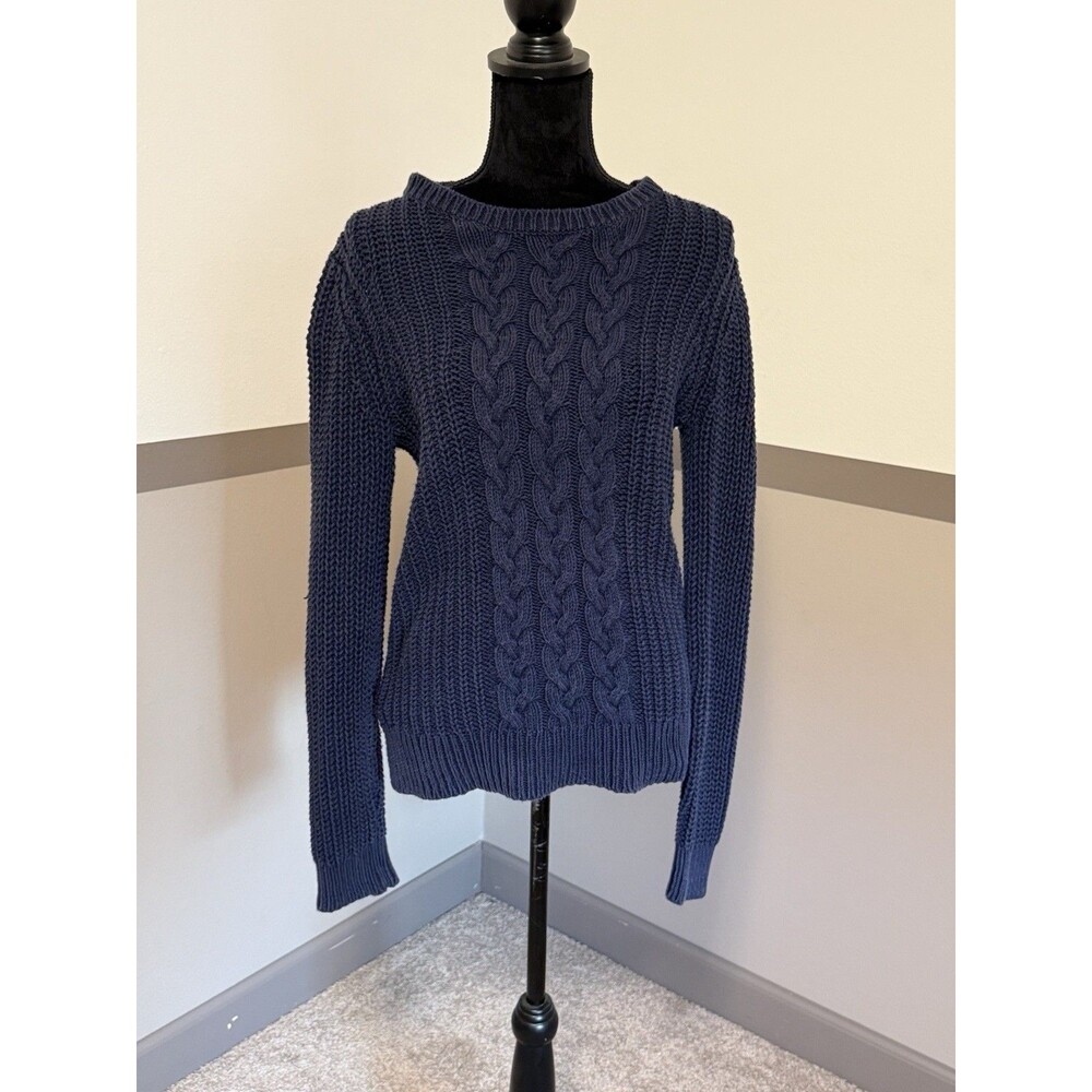 Nautica Navy Cable Knit Crewneck Sweater M Cotton Blend Classic Cozy Fall Preppy